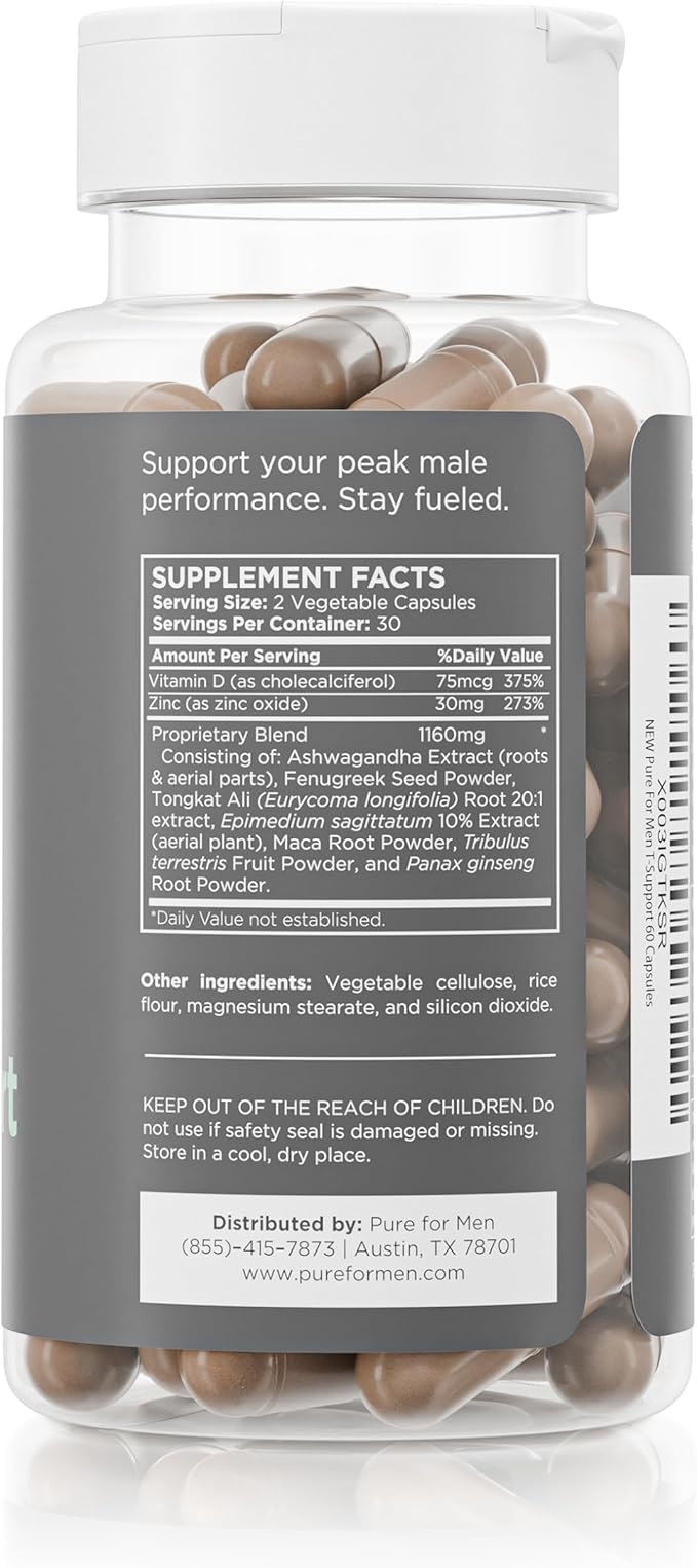 Pure for Men T-Support Supplement | Vegetarian Total Support for Men with Maca Vitamin D &amp Ashwagandha Muscle Health | Endurance Strength Focus &amp Energy Support | 60 Capsules