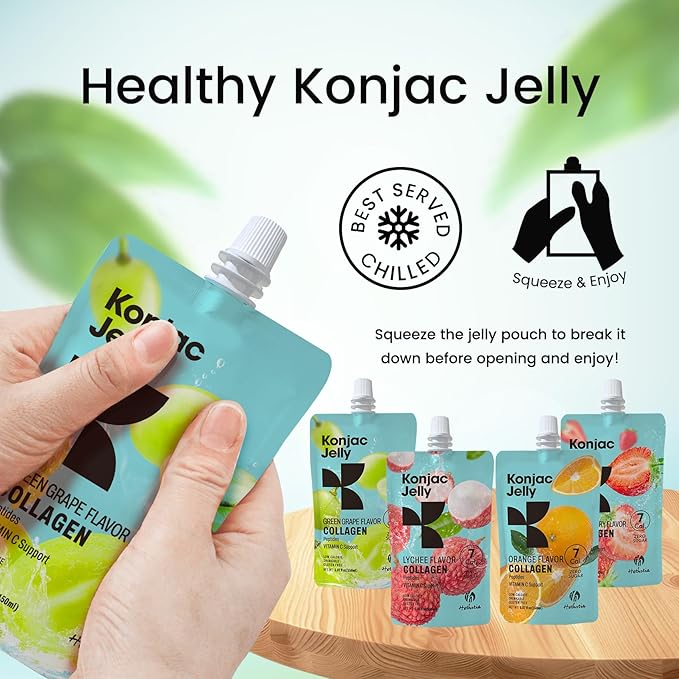 Hethstia Konjac Jelly Collagen Peptides Various Flavors 10-Pack and Orange Konjac Jelly with Collagen Peptides 10 Pouches Fruit Jelly Snacks Low-Calorie Drinkable Jelly with Vitamin C Sugar-Free