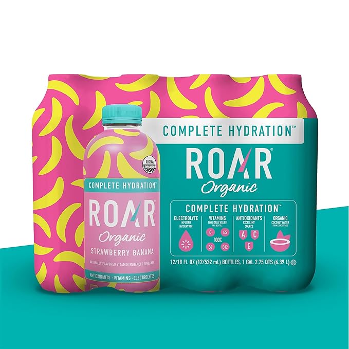 Roar Complete Hydration Organic - Electrolyte Drinks Loaded with Vitamins C B5 B12 - Non-GMO Gluten-Free - Strawberry Banana - 12 pc