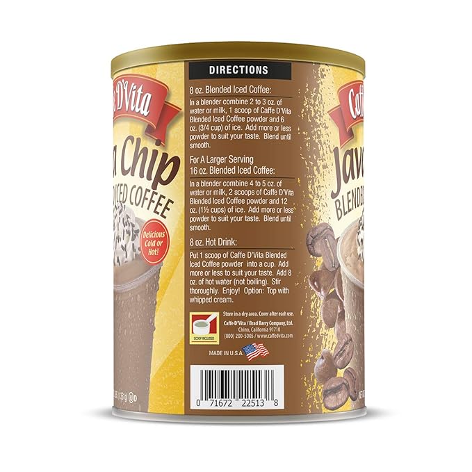 Caffe D'Vita Java Chip Latte Blended Ice Coffee - Java Chip Frappe Mix Blended Iced Coffee Mix Gluten Free Low Fat No Cholesterol No Hydrogenated Oils No Trans Fat Kosher-Dairy - 3 Lb Can