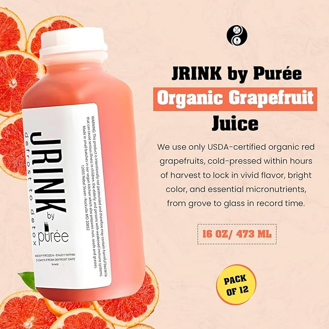 JRINK by Purée Organic Grapefruit Juice Cold Pressed Raw Fruit Cleanse Healthy Detox with No Preservatives Organic Juice Cleanse in HDPE Bottles Grape Citrus Beverage 16oz Pack of 12