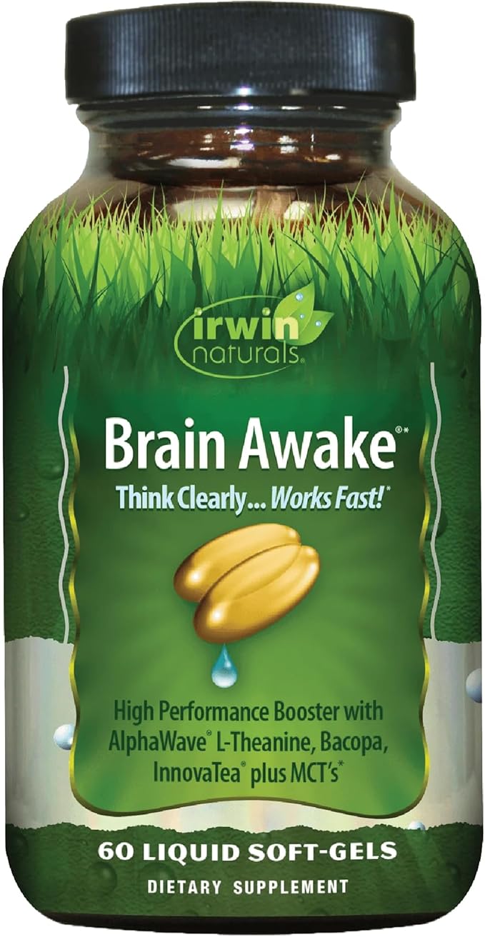 Irwin Naturals Brain Awake Enhanced Mental Performance Increased Focus Boost Clarity &amp Concentration - Powerful Nootropic Booster with L-Theanine Bacopa MCT's &amp InnovaTea - 60 Liquid Softg