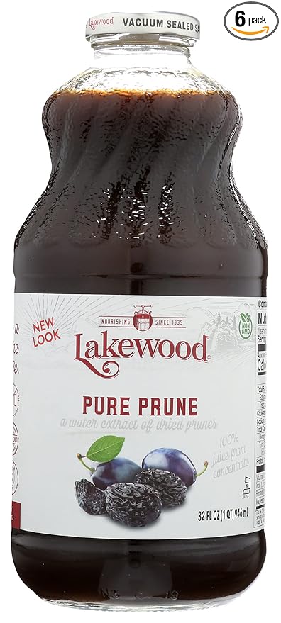 Lakewood Premium Pure Prune Juice Gluten Free Non GMO Preservative Free 32 Fluid Ounce (Pack of 6)