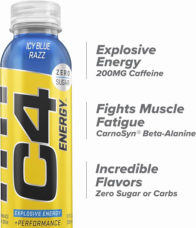 Cellucor C4 Energy Non-Carbonated Zero Sugar Energy Drink Pre Workout Drink + Beta Alanine Icy Blue Razz 12 Fl Oz (Pack of 12)