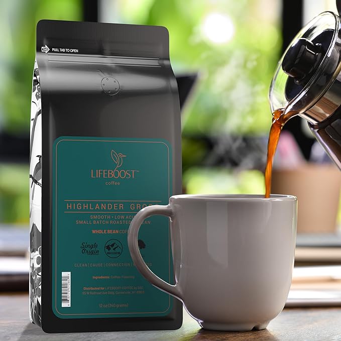 Lifeboost Highlander Grogg Whole Bean Coffee - Non-GMO Low Acid Single Origin Flavored Coffee Beans - Third Party Tested For Mycotoxins &amp Pesticides - 12 Ounces