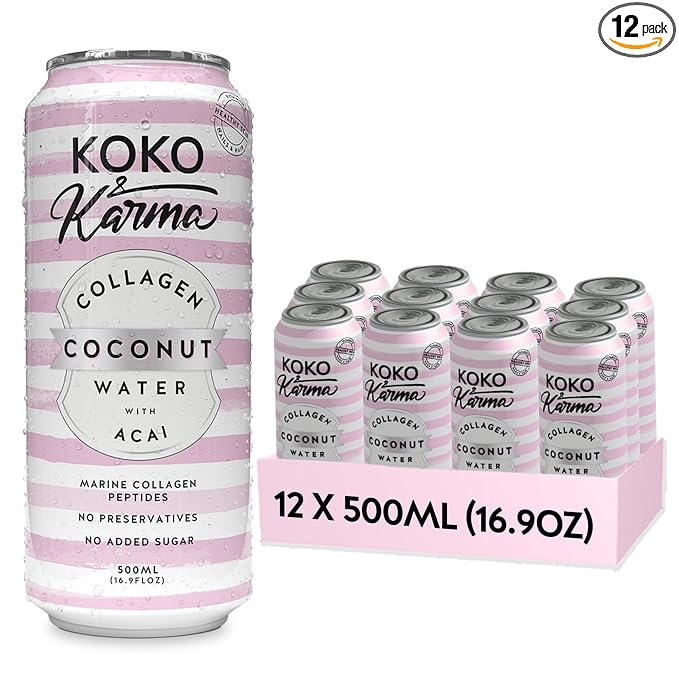 Koko &amp Karma - Collagen Coconut Water with Acai - Marine Collagen Peptides with No Preservatives and No Added Sugar - 12 Pack - 16.9 Ounce Cans