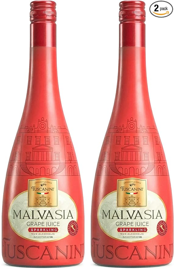 Tuscanini Italian Sparkling Malvasia Grape Juice 25.4 oz (2 Pack) | Non-Alcoholic Celebration Drink | Elegant Champagne Bottle | Imported from Italy | Great for Mocktails | Kosher