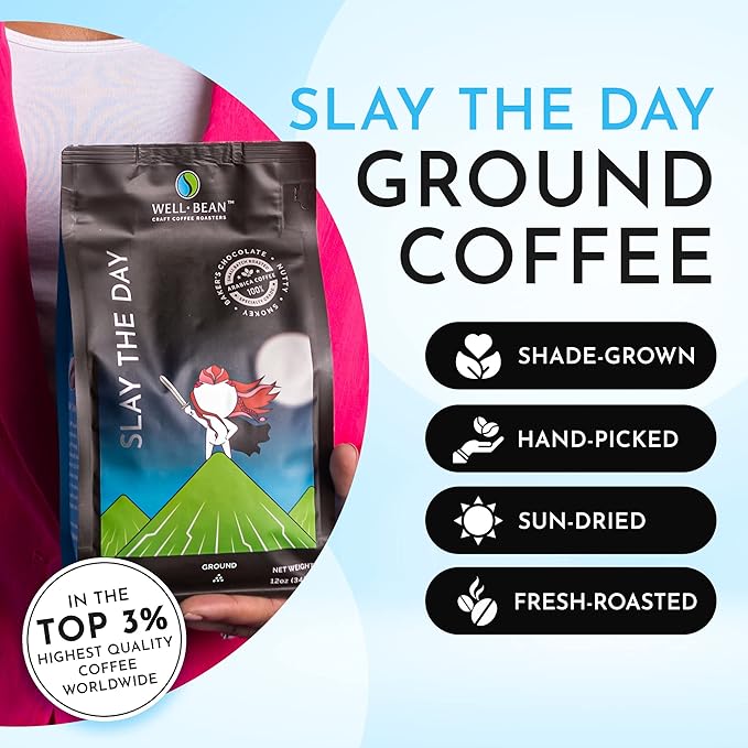 Well-Bean Coffee - Slay the Day Ground Coffee Dark Brazilian Coffee Vegan Coffee Grounds Gluten-Free and Keto Friendly Dark Roasted Coffee 2 lb Coffee
