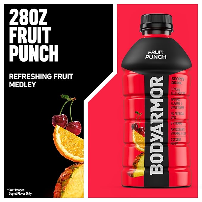 BODYARMOR Sports Drink Fruit Punch Electrolyte Drink Hydration 28 Fl Oz Bottles (15 Pack) Flavored Coconut Water with B Vitamins &amp Antioxidants
