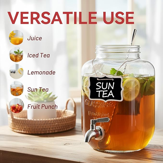 KIKCOIN 1 Gallon Glass Drink Dispensers for Parties 2 Pack Leakproof Beverage Dispenser with Stand &amp 18/10 Stainless Steel Spigot &amp Filter -for Lemonade Juice Sun Tea Punch- ALL DISHWASHER