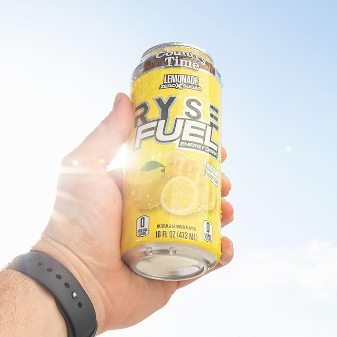 RYSE Fuel Energy Drink - Country Time Lemonade - Sugar Free Gluten Free &amp Vegan - 200mg Natural Caffeine Taurine &amp Choline for Focus &amp Energy - No Artificial Colors - 16 fl oz Cans (12-P