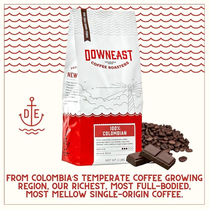 Downeast Coffee Roasters Whole Bean Coffee - 100% Colombian Medium Roast 100% Arabica Coffee - Dark Chocolate and Ripe Fruit Notes - Select Central and South American Highlands (2lb Bag)