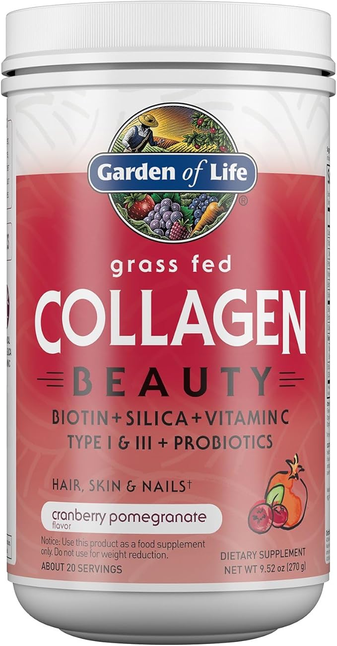 Garden of Life Grass Fed Collagen Beauty - Cranberry Pomegranate 20 Servings Powder for Women Men Hair Skin Nails Hydrolyzed Collagen Peptides Protein Powder Supplement