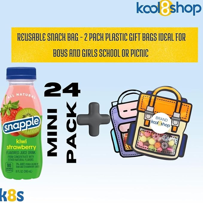 Snapple Kiwi Strawberry All Natural Juice Drink 8 fl oz Mini Plastic Bottle 24 Pack + 2 Reusable Snack Bags by KOOL8SHOP Infinite Deals