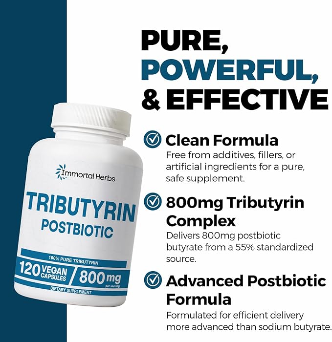 Tributyrin Supplement 800mg Advanced Butyrate Form 55% Standardized More Effective Delivery Than Sodium Butyrate 120 Capsules Non-GMO &amp Gluten Free Postbiotic Supplement