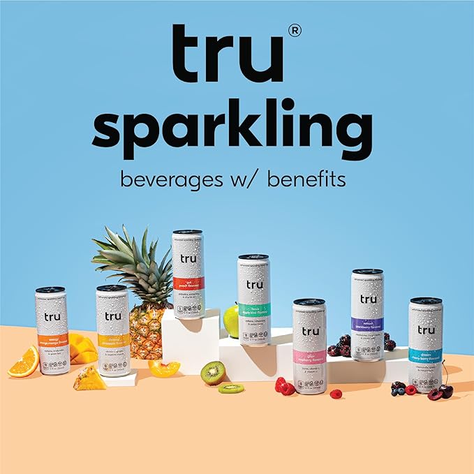 Tru Energy Seltzer Sparkling Water with Natural Caffeine Orange Mango Juice Green Tea Extract &amp B Vitamins Lightly Carbonated Energy Drink Gluten Free Vegan Low Calorie 12 FL OZ Cans 12 P
