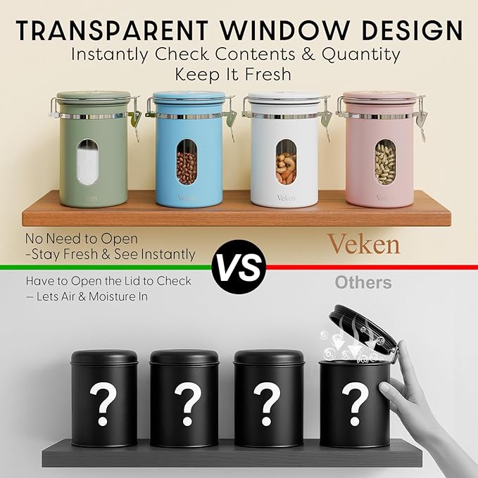 Veken Coffee Canister with Window Easter Gifts Airtight Stainless Steel Container with Lids Home Kitchen Food Storage Jars for Grounds Beans Tea Flour Cereal Sugar Basket Scoop 22OZ Green