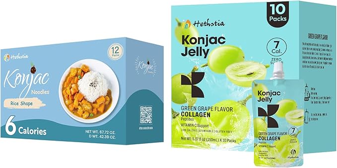 Hethstia Konjac Jelly Green Grape Flavor with Collagen Peptides 10 Packs and Konjac Rice Gluten Free 12 Packs Low Calorie Keto Sugar Free Healthy Food