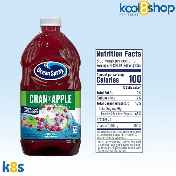 Ocean Spray Cran Apple Fruit Juice Drink 64 fl oz Plastic Bottle 4 Pack + 15 Sugarcane Disposable Straws by KOOL8SHOP Infinite Deals