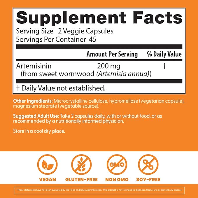 Doctor's Best Artemisinin Supplement for Men &amp Women - Sourced from Sweet Wormwood Herb Artemisia Annua Capsules 200 mg per Serving Natural Immune Health Support for Adults - 90 Ct Veg Caps