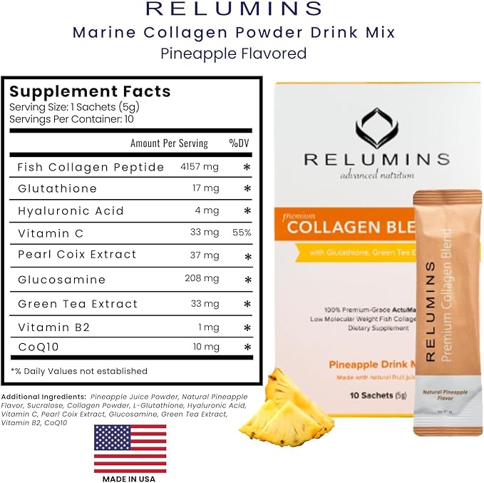 Relumins Collagen &amp Gluta-1000 Bundle – Marine Collagen Pineapple Drink + 60 Veg Capsules for Radiant Smooth &amp Youthful-Looking Skin