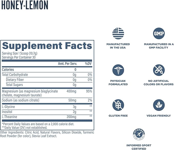 Revive MD Melatonin-Free Sleep Support Supplement for Adults Honey Lemon - Natural Sleep Aid Supplements with Magnesium (Glycinate) Inositol &amp L-Theanine for Deep Relaxation (30 Servings)