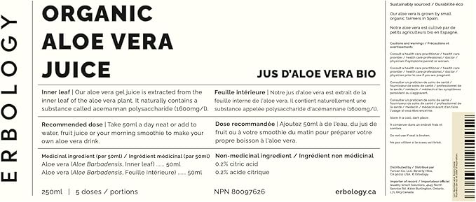 100% Organic Aloe Vera Juice 8.5 fl oz (Box of 6) - Supports Immunity &amp Gut Health - Straight from Farm in Spain - Undiluted - No Added Sugar or Artificial Preservatives - Non-GMO