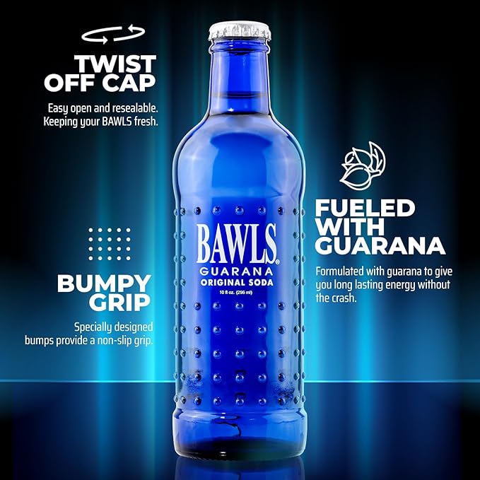 BAWLS Guarana Original BAWLS Guarana Drink Guarana Soda Guarana Fueled Soda for Energy High Energy Caffeinated Drink 10oz 12 Pack Glass Bottles