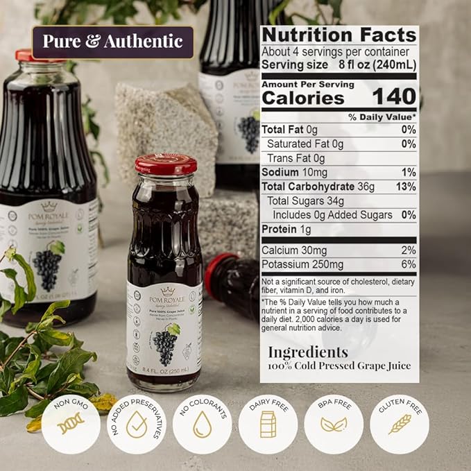 Pure Grape Juice 33.8oz Glass Bottle (Pack of 4) Cold Pressed Juice Not from Concentrate Non-GMO No Sugar Added Gluten Free Preservative Free