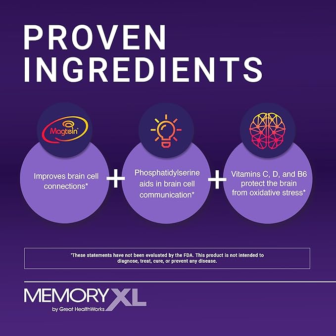 MemoryXL Magnesium L-Threonate: Brain Supplement for Memory &amp Focus Magtein® Phosphatidylserine Vitamin Mix. Improves Memory Focus Attention Learning &amp Logic. 0 Sugar 0 cal 30pk Cranberr