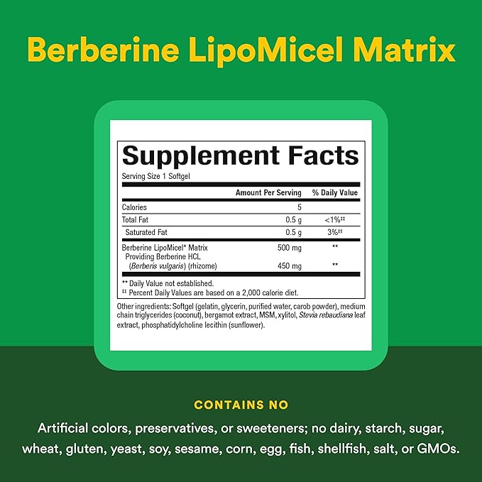 Natural Factors Berberine LipoMicel Matrix - Daily Supplement Supports Metabolic Health - Formula Supports General Health - Gluten-Free &amp Dairy-Free - 60 Liquid Softgels (60 Servings)