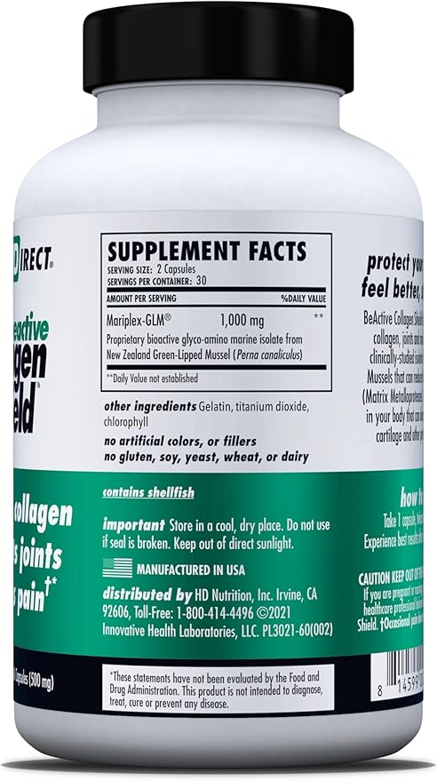 HEALTH DIRECT - BeActive Collagen Shield - 60 Capsules - Advanced Green-Lipped Mussel Supplement for Collagen Protection - Supports Skin Joints and Muscles