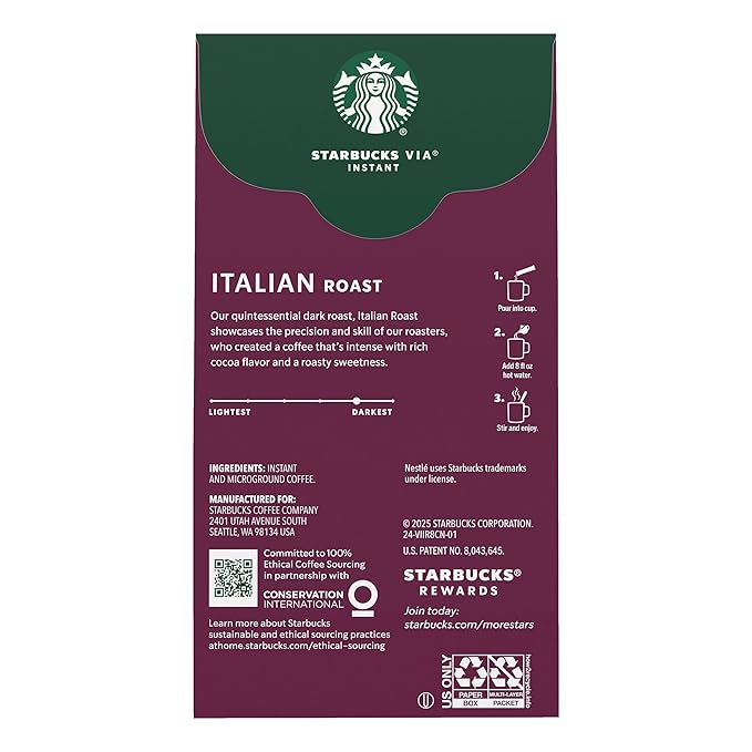 Starbucks VIA Instant Coffee Packets Single Serve Dark Roast Coffee Italian Roast 96 Packets