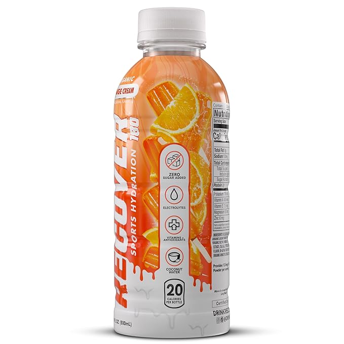 RECOVER 180 Organic Sports Hydration Drink No Sugar Added 20 Calorie Sports Beverage Organic Flavors With Vitamins Potassium-Packed Electrolytes (16.9 Fl Oz (Pack of 12) Orange Cream)