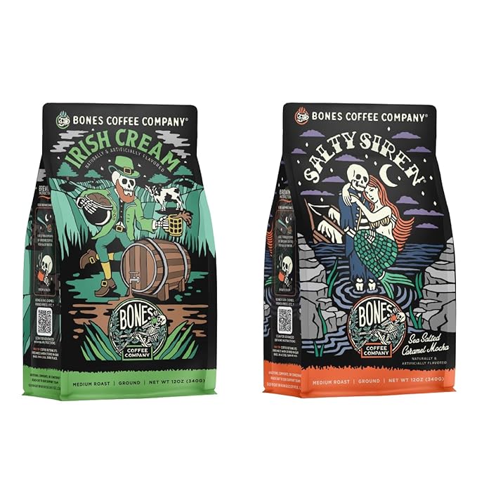 Bones Coffee Company Irish Cream Ground Coffee Beans 12 oz and Salty Siren Ground Coffee Beans 12 oz Bundle