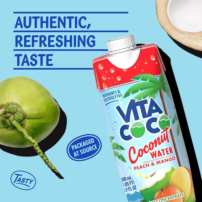 Vita Coco Coconut Water Peach &amp Mango - Naturally Hydrating Electrolyte Drink - Smart Alternative to Coffee Soda and Sports Drinks - Gluten Free - 16.9 Fl Oz (Pack of 12)