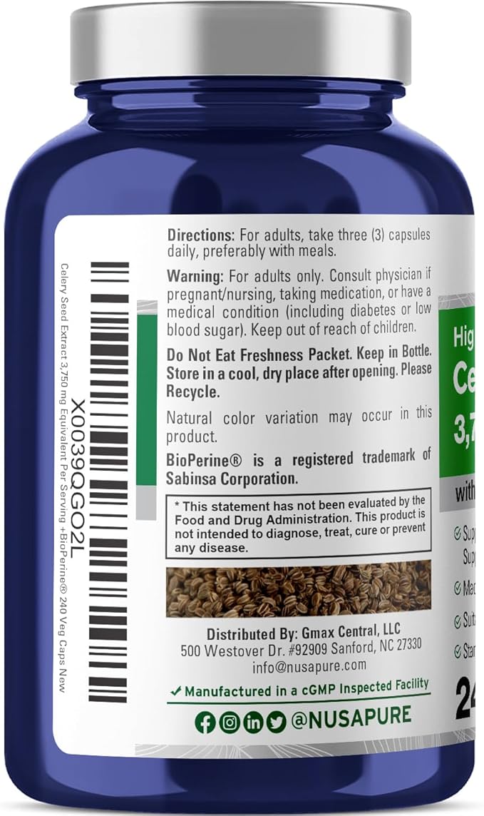 NusaPure Celery Seed Capsules 10:1 Extract 375 mg Equivalent to 3750mg 240 Veggie Caps Non-GMO Vegan