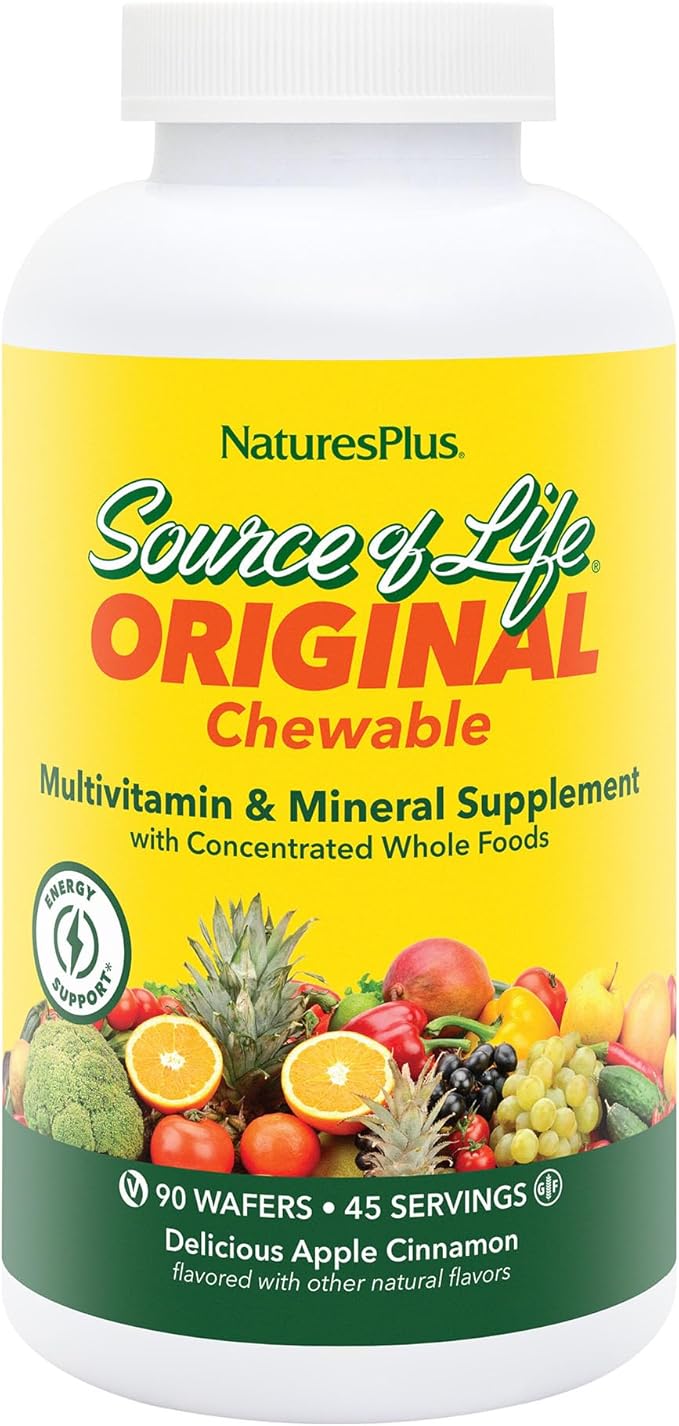 NaturesPlus Source of Life Adult’s Chewable Apple Cinnamon - 90 Wafers - Multivitamin &amp Mineral Supplement - Immune &amp Digestive Health Support with Vitamin D3 - Gluten Free Vegetarian - 45 S