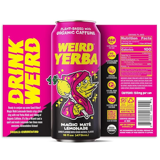 Drink Weird Organic Magic Mate Lemonade Yerba Mate – 16oz Cans 160mg Organic Caffeine (Pack of 12) A Refreshing Energy Drink Alternative