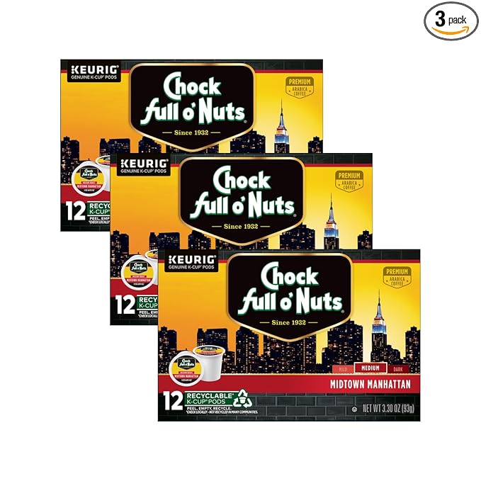Chock Full o'Nuts Midtown Manhattan Coffee Compatible with K-Cup Pods 12 CT (Pack of 3)
