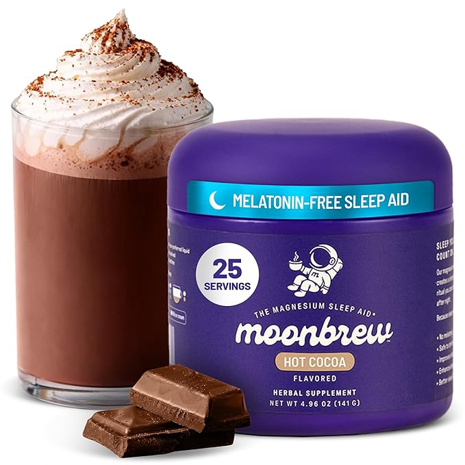 MoonBrew Nighttime Magnesium Hot Cocoa Jar Natural Sleep Aid Drink Mix for Adults - Calming Melatonin-Free Sleep Support - Sleepy Hot Chocolate Powder with L-Theanine Chamomile &amp Zinc Glycinate