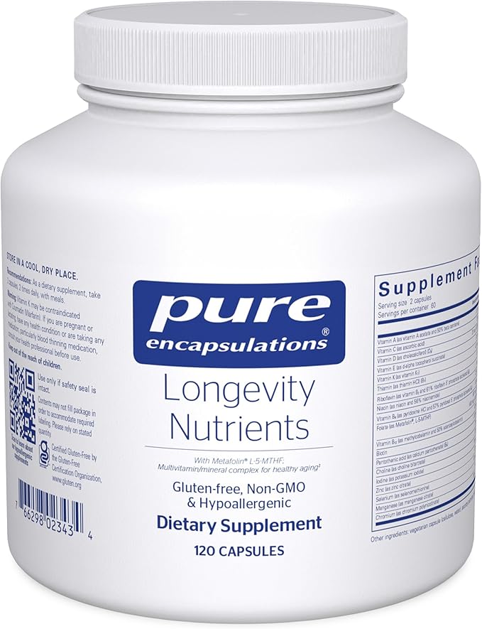 Pure Encapsulations Longevity Nutrients | Multivitamin/Mineral Complex to Support Healthy Aging Brain Function Eyes Bones and Vascular Health* | 120 Capsules