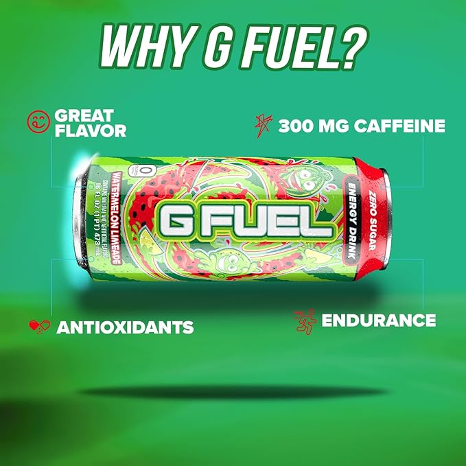 G Fuel Energy Drink Watermelon Sugar Free Beverage with 300mg Caffeine Daily Energy Boost with Focus Amino Vitamin + Antioxidants 16 oz Cans (Watermelon Limeade 12-Pack)