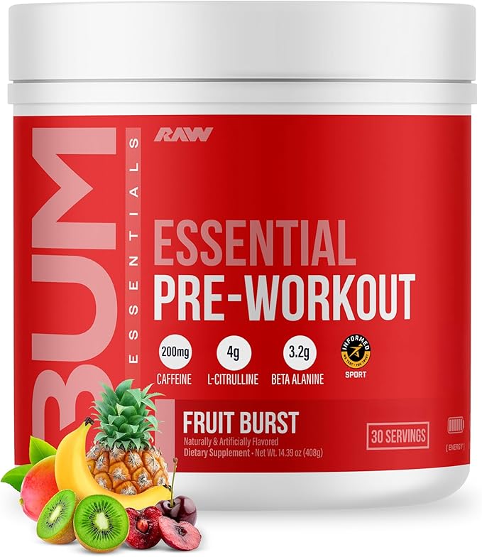 RAW Essential Pre-Workout Powder (Fruit Burst) - Chris Bumstead Sports Nutrition Supplement for Men &amp Women - Preworkout Energy Powder with Caffeine L-Citrulline L-Tyrosine &amp Beta Alanine B