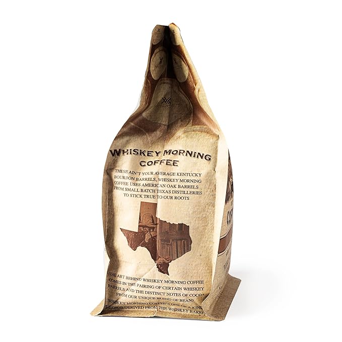 Whiskey Morning Coffee Bourbon Barrel Aged Whole Bean Fire Roasted Coffee Beans 100% Arabica Specialty Grade Non-Alcoholic Whiskey Infused Coffee Beans Small Batch Texas Roasted 10 oz Bag