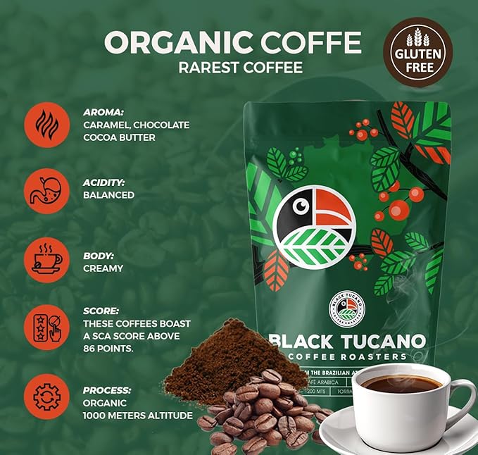 Black Tucano Specialty Coffee - Brazilian Whole Beans Medium Roast - Organic Coffee Whole Beans - 8.8 Ounces 250 Gr