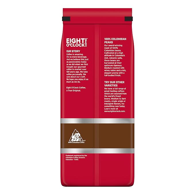 Eight O'Clock Coffee 100% Colombian Peaks Whole Bean Coffee Medium Roast 38 Ounce (Pack of 1) - Rich Winey &amp Full Bodied