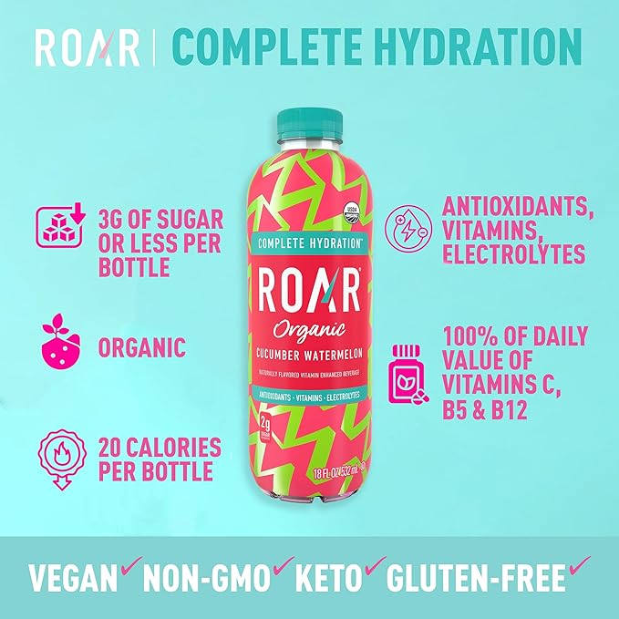 Roar Organic Electrolyte Infusions - USDA Organic - Cucumber Watermelon - with Antioxidants B Vitamins Low-Calorie Low-Sugar Low-Carb Coconut Water Infused Beverage 18 Fl Oz (Pack of 12)