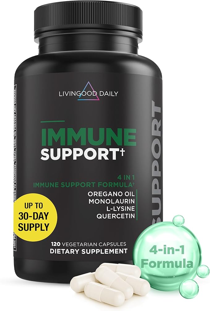 Livingood Daily Immune Support Supplement 4-in-1 Formula with Oregano Oil Monolaurin L Lysine &amp Quercetin Gut &amp Digestive Health Gluten Free Vegan Non GMO Allergen Free 120 Capsules