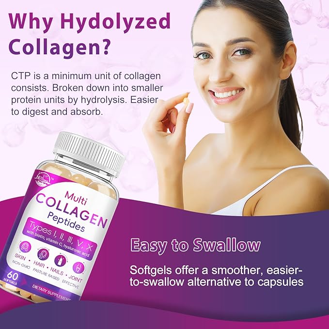 Multi Collagen Peptides Softgel - Type I II III V X - Hydrolyzed Collagen Peptides with Biotin Vitamin C Hyaluronic Acid Supports Skin Hair Nail Grass-Fed Non-GMO 60 Softgel 2 Pack